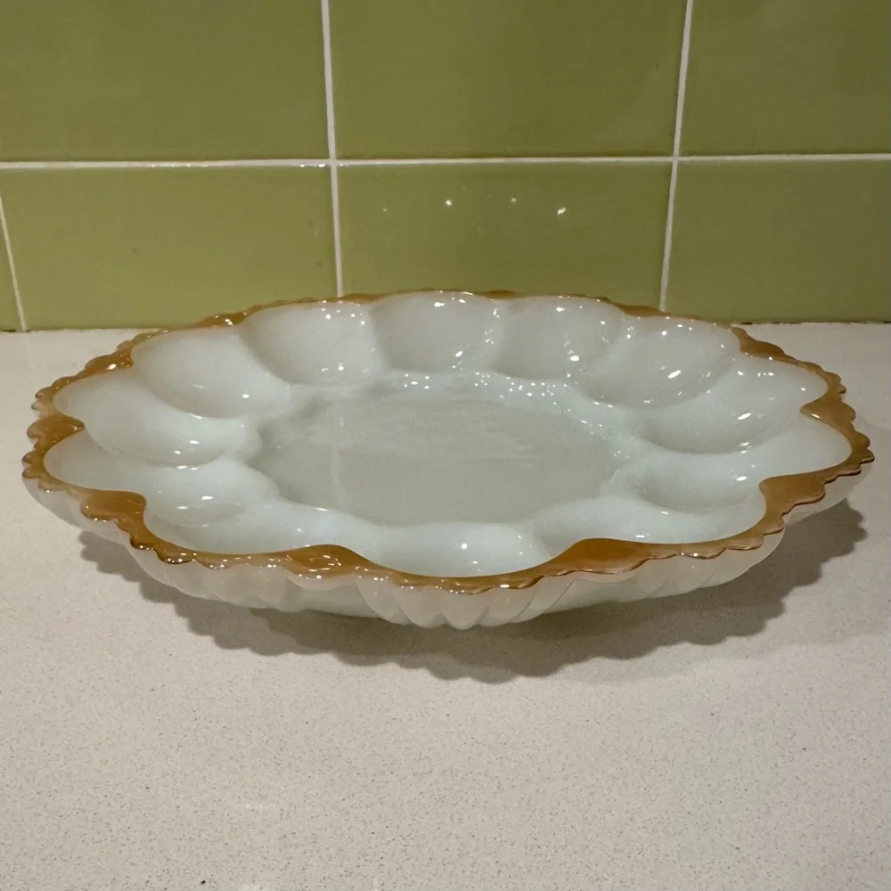 Anchor Hocking Fire-King Milk Glass Deviled Egg Serving Plate with Gold Trim - Picture 2 of 5